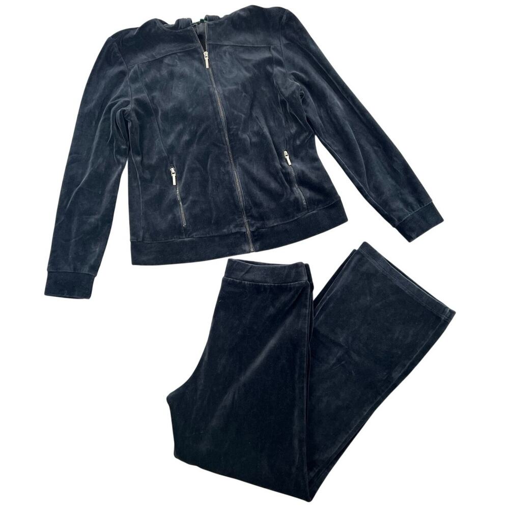 Lauren Ralph Lauren Black Velour Tracksuit Hooded Zip Jacket & Pants Set Size S